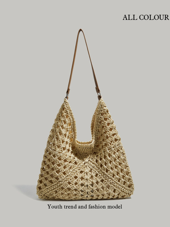 Slamnata pletena torba za rame – gradska jednostavnost, magnetsko zatvaranje, podstava od poliestera, trokutasti oblik