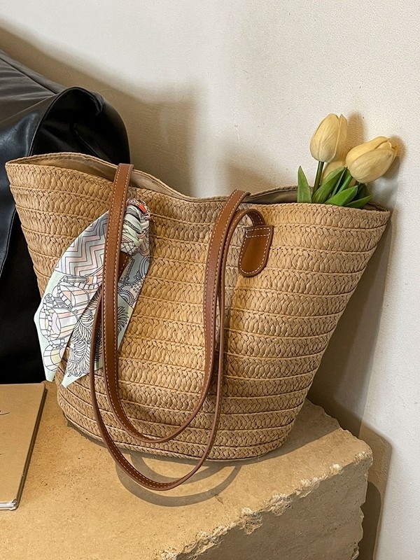 Unisex slamnata Tote torba za ljeto 2025, vertikalni kvadratni oblik, poliester podstava, laminirani unutarnji džep sa zatvaračem, jedna naramenica, otvoren gornji