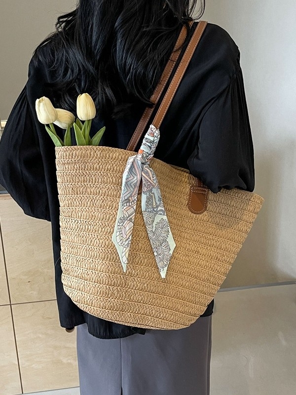 Unisex slamnata Tote torba za ljeto 2025, vertikalni kvadratni oblik, poliester podstava, laminirani unutarnji džep sa zatvaračem, jedna naramenica, otvoren gornji