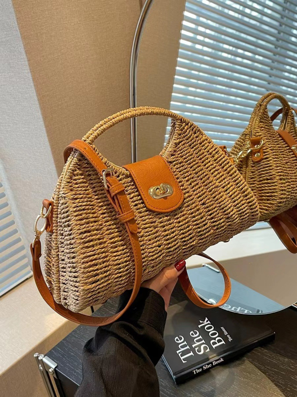 Crossbody torba od papira, pletena, horizontalno kvadratnog oblika, zaključavanje s kopčom, jednostruka naramenica