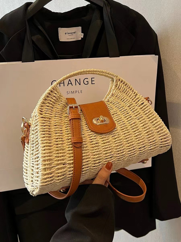 Crossbody torba od papira, pletena, horizontalno kvadratnog oblika, zaključavanje s kopčom, jednostruka naramenica