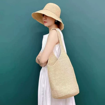 Luksuzna raffia pletena torba, ručno izrađena, velika zapremina, torba za rame u obliku kade, za plažu