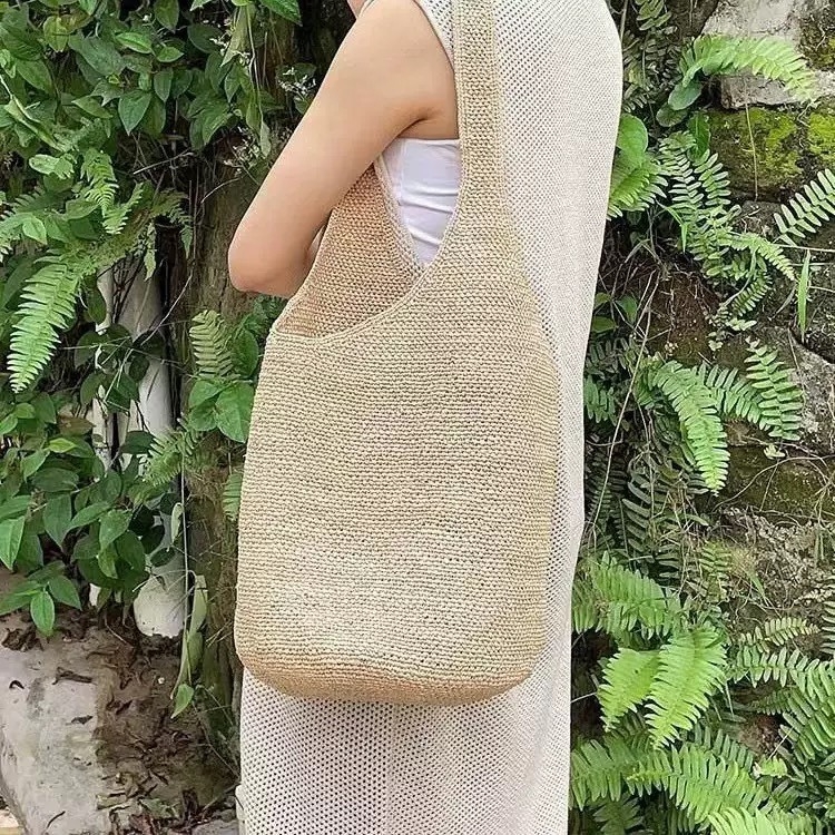Luksuzna raffia pletena torba, ručno izrađena, velika zapremina, torba za rame u obliku kade, za plažu