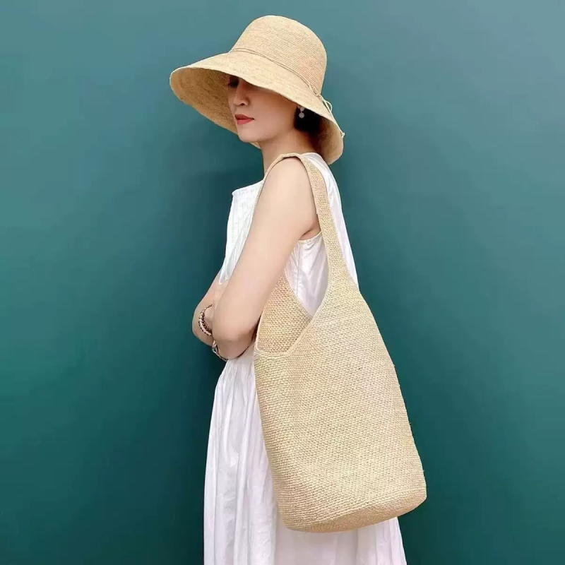 Luksuzna raffia pletena torba, ručno izrađena, velika zapremina, torba za rame u obliku kade, za plažu