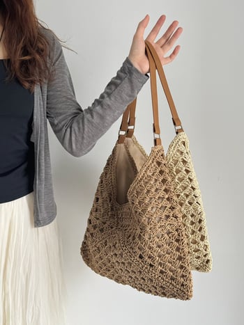 Ръчно плетена сламена чанта за ваканционен стил — кофа форма, магнитно затваряне, подплата от полиестер