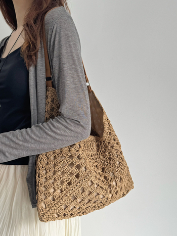Ръчно плетена сламена чанта за ваканционен стил — кофа форма, магнитно затваряне, подплата от полиестер