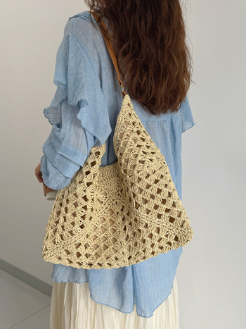 Ръчно плетена сламена чанта за ваканционен стил — кофа форма, магнитно затваряне, подплата от полиестер
