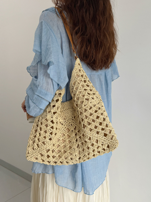 Ръчно плетена сламена чанта за ваканционен стил — кофа форма, магнитно затваряне, подплата от полиестер