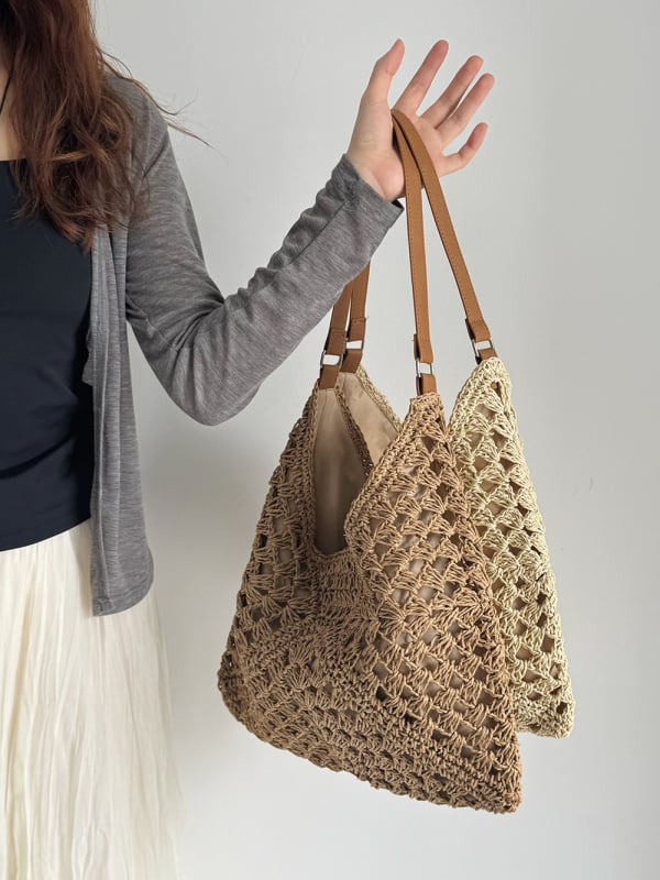 Ръчно плетена сламена чанта за ваканционен стил — кофа форма, магнитно затваряне, подплата от полиестер