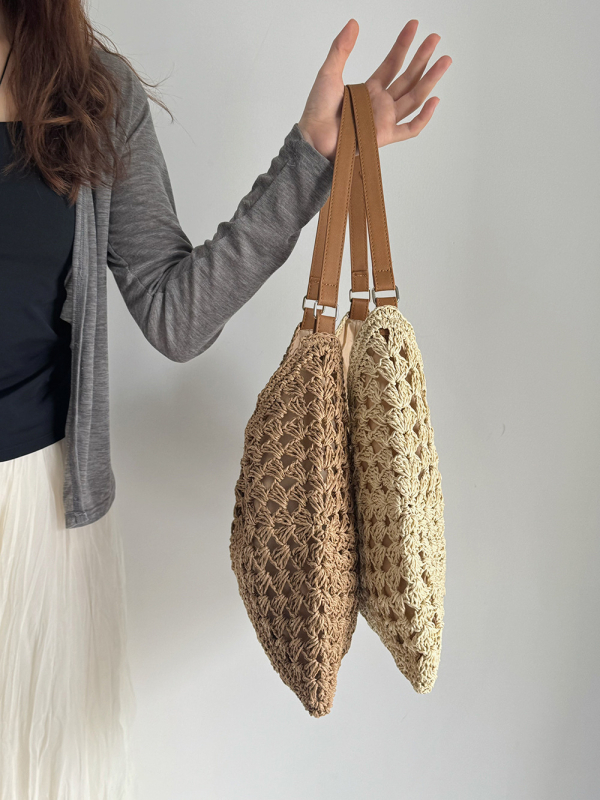 Ръчно плетена сламена чанта за ваканционен стил — кофа форма, магнитно затваряне, подплата от полиестер
