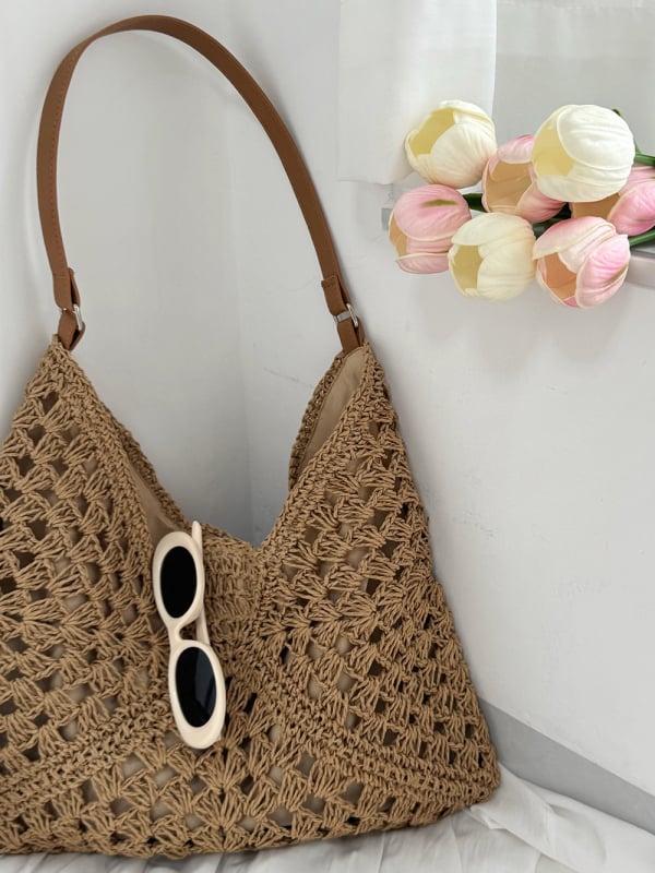 Ръчно плетена сламена чанта за ваканционен стил — кофа форма, магнитно затваряне, подплата от полиестер