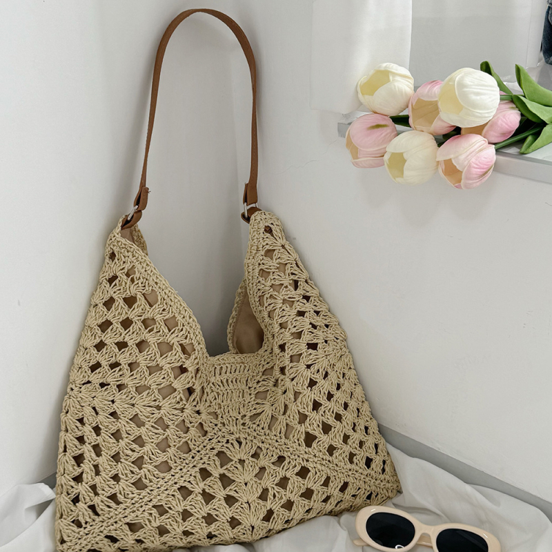 Ръчно плетена сламена чанта за ваканционен стил — кофа форма, магнитно затваряне, подплата от полиестер
