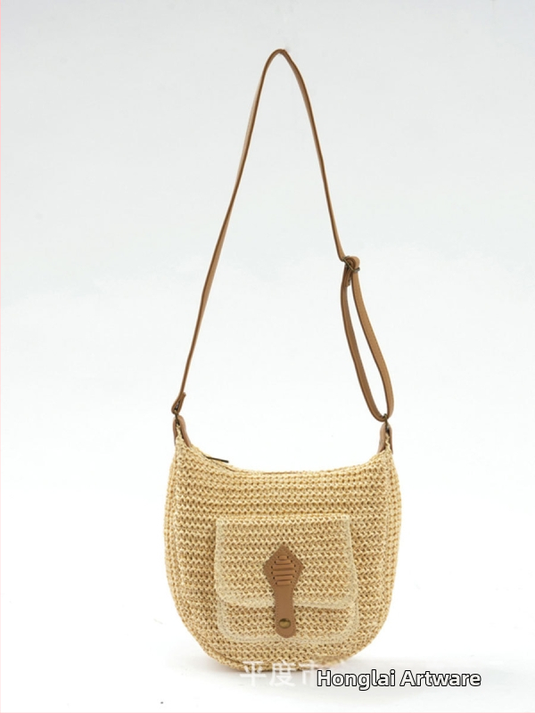 Taška zo slamy v mestskom minimalistickom štýle, horizontálny štvorcový tvar, zapínanie na zips, vnútorné vrecká: skrytý vrecko so zipsom a vrecko na mobilný telefón