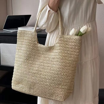 Slamnita torba, unisex stil, oblik shopping bag, unutarnja džep na zip, podstava s travnatom teksturom