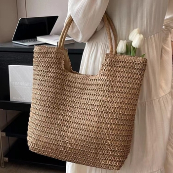 Slamnita torba, unisex stil, oblik shopping bag, unutarnja džep na zip, podstava s travnatom teksturom