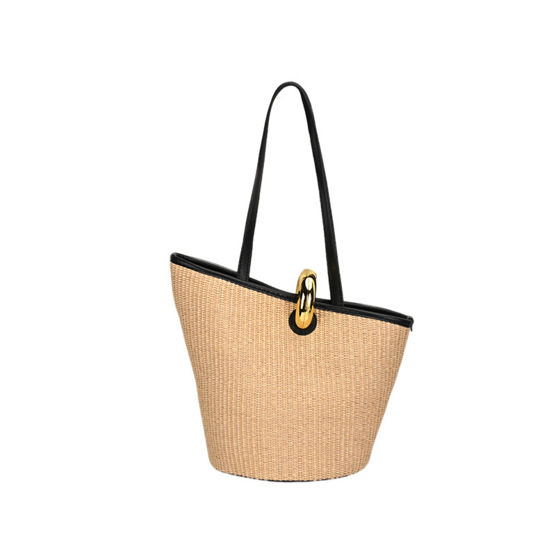 Válltáska tote-stílusban, városi egyszerűség, pamut és len anyagból, vödör alakú, záróval, belső zsebek a telefon és dokumentumok számára