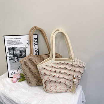 Torba tote od slame, ulični stil, 3D struktura, džep za telefon, dvostruke naramenice