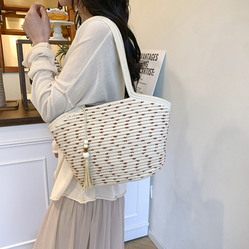 Torba tote od slame, ulični stil, 3D struktura, džep za telefon, dvostruke naramenice
