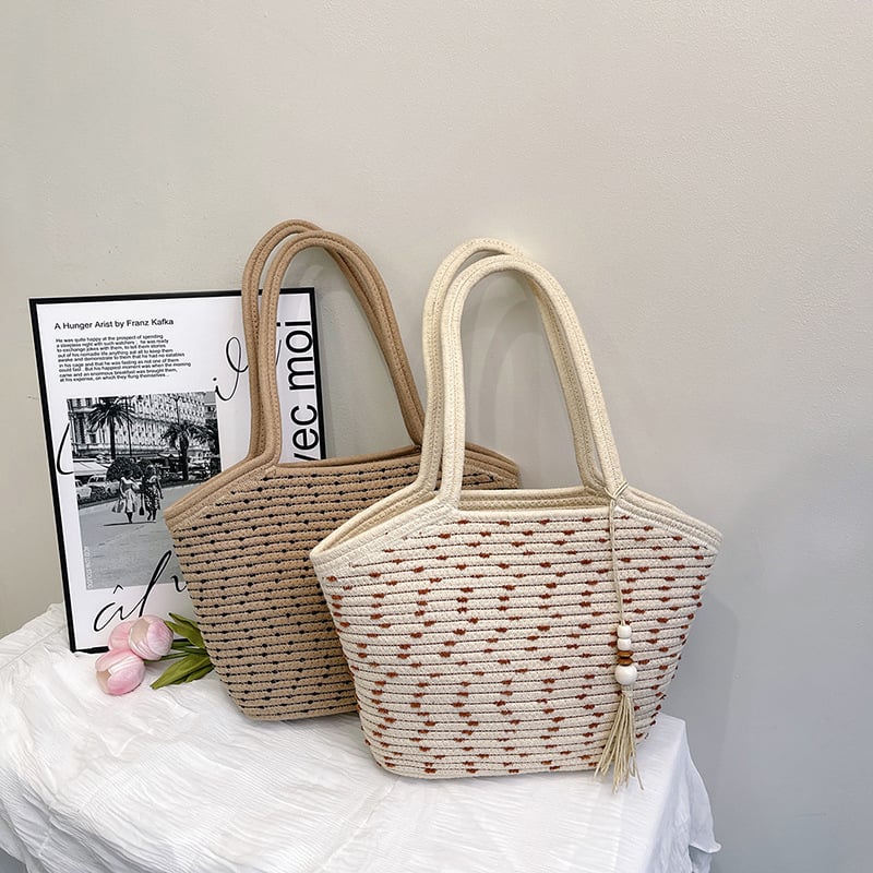 Torba tote od slame, ulični stil, 3D struktura, džep za telefon, dvostruke naramenice