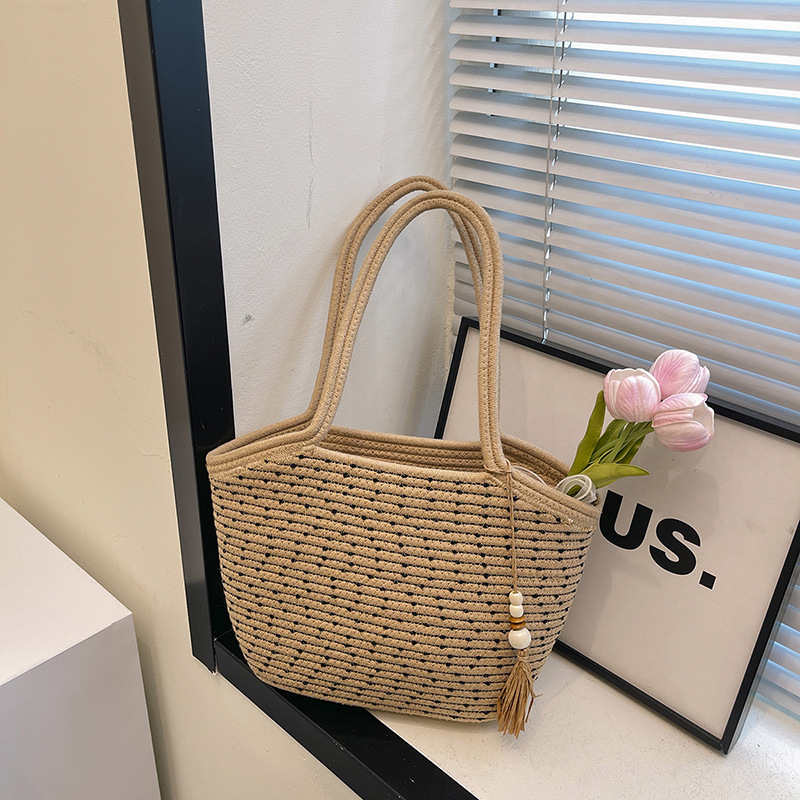 Torba tote od slame, ulični stil, 3D struktura, džep za telefon, dvostruke naramenice