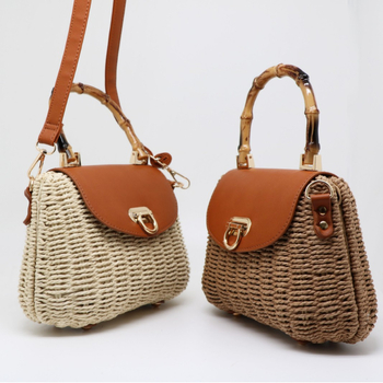 Női kézzel szőtt tengerparti válltáska papírszálas kerettel, bikaszáj-zár, vízszintes négyzet alakú forma (polieszter bélés, városi minimalizmus)