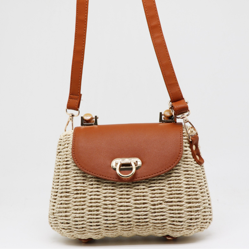 Női kézzel szőtt tengerparti válltáska papírszálas kerettel, bikaszáj-zár, vízszintes négyzet alakú forma (polieszter bélés, városi minimalizmus)