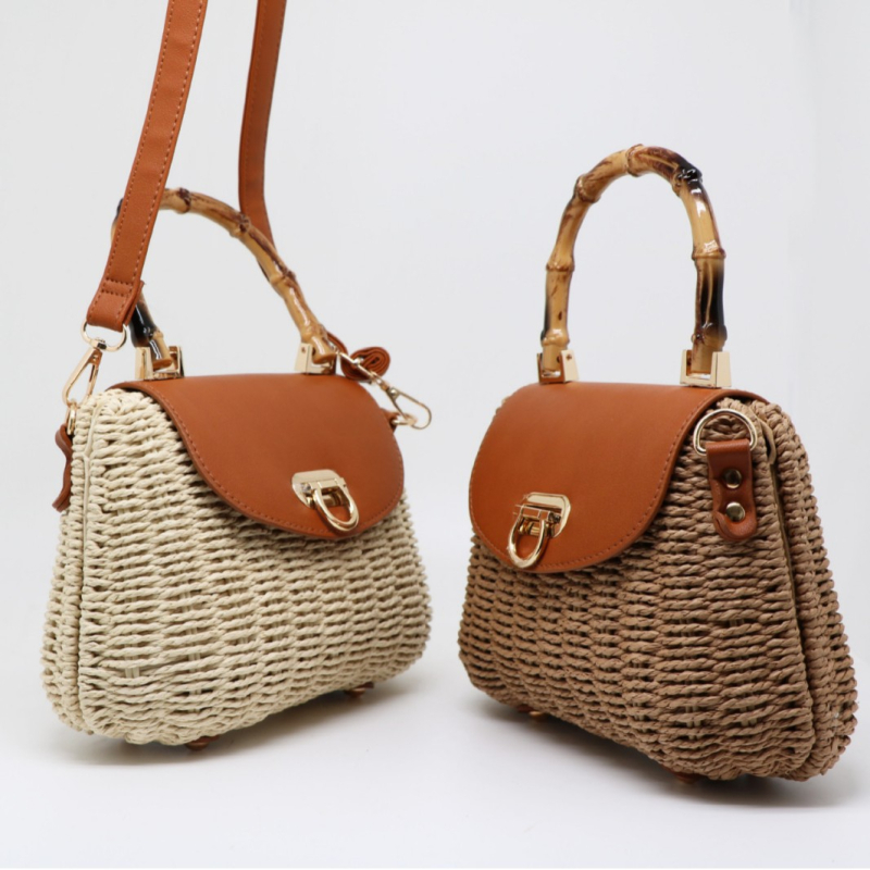 Női kézzel szőtt tengerparti válltáska papírszálas kerettel, bikaszáj-zár, vízszintes négyzet alakú forma (polieszter bélés, városi minimalizmus)