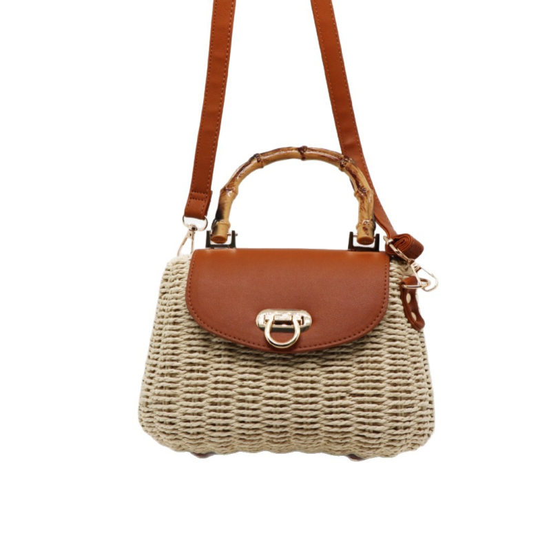 Női kézzel szőtt tengerparti válltáska papírszálas kerettel, bikaszáj-zár, vízszintes négyzet alakú forma (polieszter bélés, városi minimalizmus)