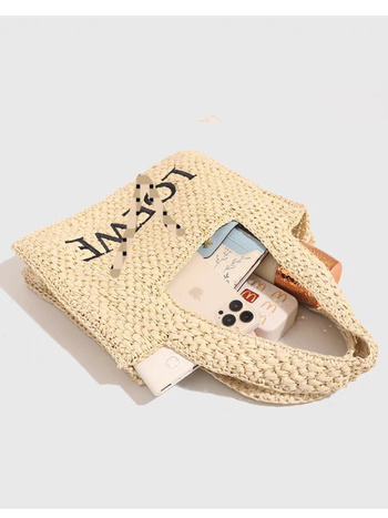 Street-fashion Tote táska papírból, szalma szövésű dizájn, nyitott felső, függőleges négyzet alakú forma, bélés poliészter-pamut, belső zseb a telefon számára