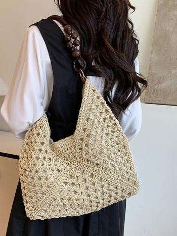 Női szalma tote táska üreges szövésű mintával, vízszintes négyszögletes forma, mágneses zár, laminált belső cipzár, 2025-ös tél