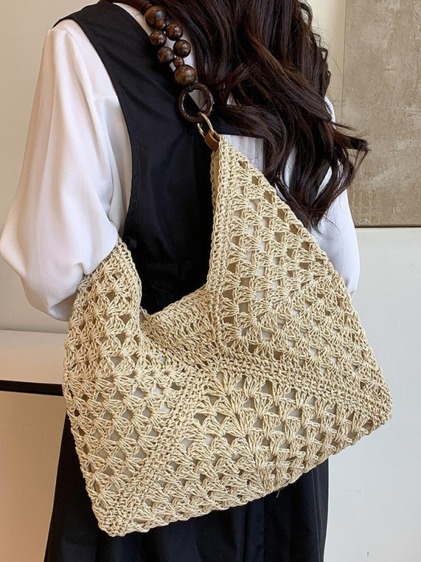 Női szalma tote táska üreges szövésű mintával, vízszintes négyszögletes forma, mágneses zár, laminált belső cipzár, 2025-ös tél