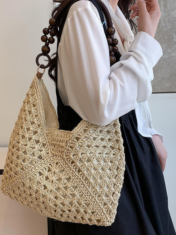 Női szalma tote táska üreges szövésű mintával, vízszintes négyszögletes forma, mágneses zár, laminált belső cipzár, 2025-ös tél