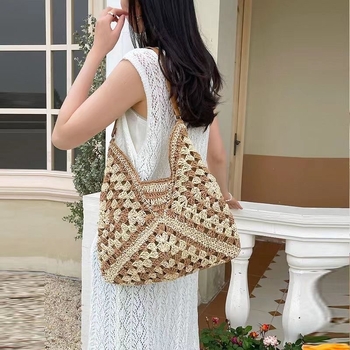 Uniszex szalma vállon hordható táska, nagy kapacitású, függőleges négyzetes alakú, háromdimenziós kialakítás