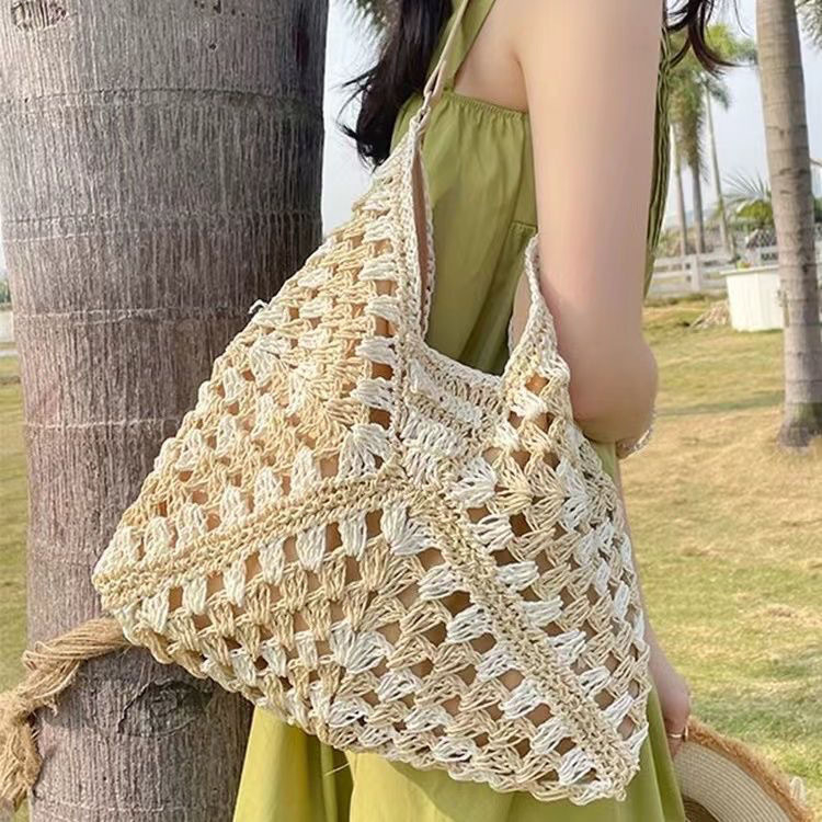 Uniszex szalma vállon hordható táska, nagy kapacitású, függőleges négyzetes alakú, háromdimenziós kialakítás