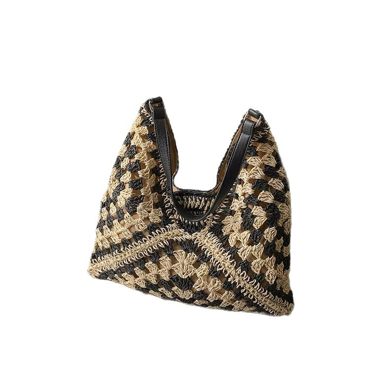 Uniszex szalma vállon hordható táska, nagy kapacitású, függőleges négyzetes alakú, háromdimenziós kialakítás