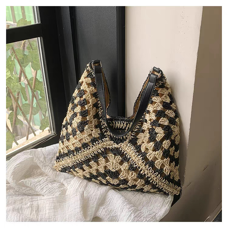 Uniszex szalma vállon hordható táska, nagy kapacitású, függőleges négyzetes alakú, háromdimenziós kialakítás