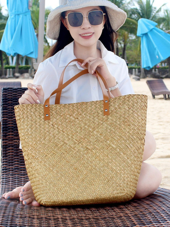 Kézzel készített, fonott szalma táska, nagy kapacitású bevásárló- és strandtáska, pamut belső bélés, cipzáras zseb, dupla vállpántok