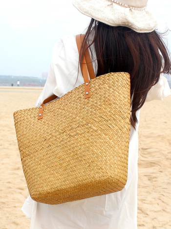 Kézzel készített, fonott szalma táska, nagy kapacitású bevásárló- és strandtáska, pamut belső bélés, cipzáras zseb, dupla vállpántok