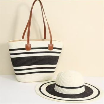 Szalmás táska és kalap készlet nagy kapacitással kültéri utazásokhoz; stílus: friss és édes; anyag: poliészter; táska forma: függőleges négyzet; nyitás: cipzár; belső: telefon zseb, laminált cipzáras táska