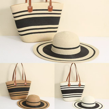 Szalmás táska és kalap készlet nagy kapacitással kültéri utazásokhoz; stílus: friss és édes; anyag: poliészter; táska forma: függőleges négyzet; nyitás: cipzár; belső: telefon zseb, laminált cipzáras táska