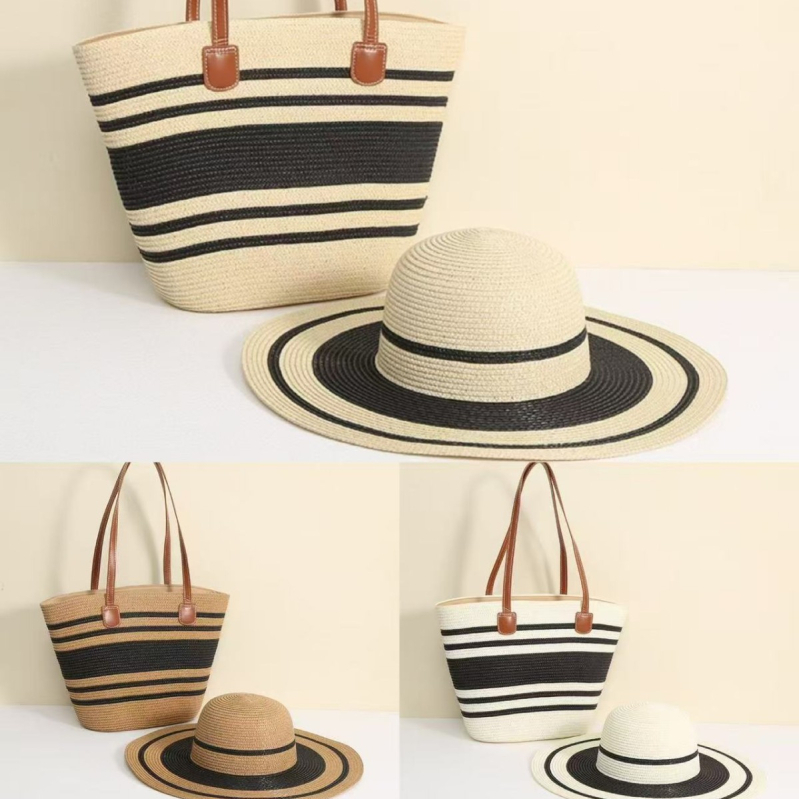 Szalmás táska és kalap készlet nagy kapacitással kültéri utazásokhoz; stílus: friss és édes; anyag: poliészter; táska forma: függőleges négyzet; nyitás: cipzár; belső: telefon zseb, laminált cipzáras táska