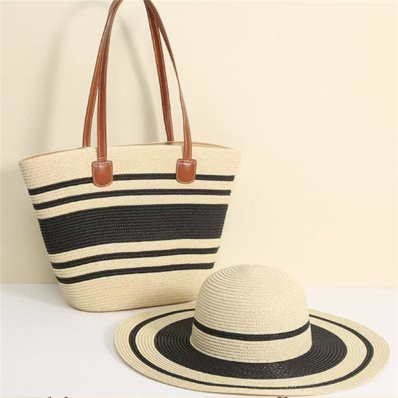 Szalmás táska és kalap készlet nagy kapacitással kültéri utazásokhoz; stílus: friss és édes; anyag: poliészter; táska forma: függőleges négyzet; nyitás: cipzár; belső: telefon zseb, laminált cipzáras táska