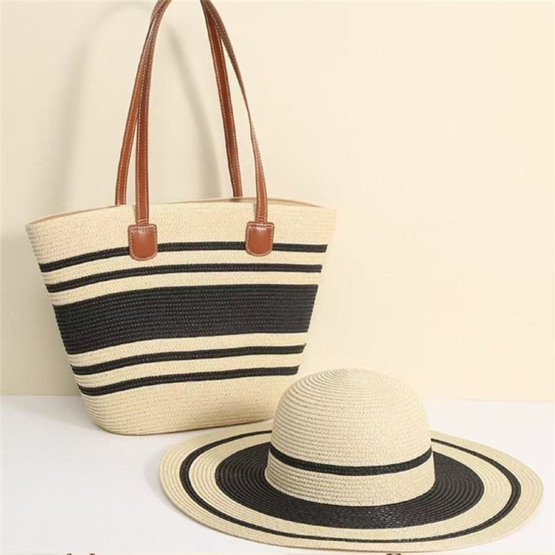 Szalmás táska és kalap készlet nagy kapacitással kültéri utazásokhoz; stílus: friss és édes; anyag: poliészter; táska forma: függőleges négyzet; nyitás: cipzár; belső: telefon zseb, laminált cipzáras táska