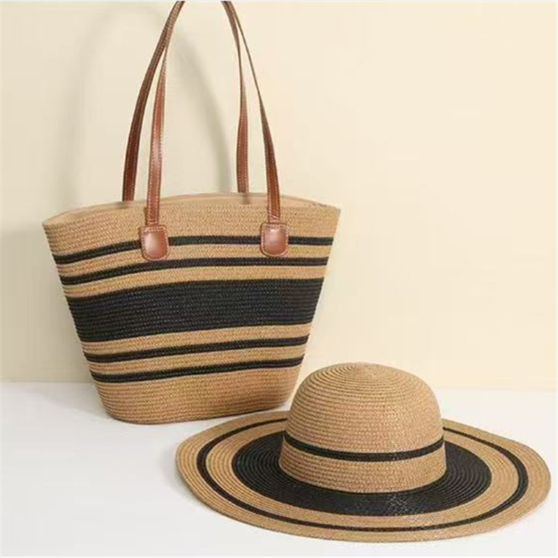Szalmás táska és kalap készlet nagy kapacitással kültéri utazásokhoz; stílus: friss és édes; anyag: poliészter; táska forma: függőleges négyzet; nyitás: cipzár; belső: telefon zseb, laminált cipzáras táska