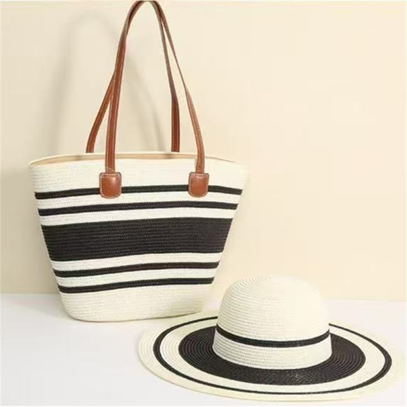 Szalmás táska és kalap készlet nagy kapacitással kültéri utazásokhoz; stílus: friss és édes; anyag: poliészter; táska forma: függőleges négyzet; nyitás: cipzár; belső: telefon zseb, laminált cipzáras táska