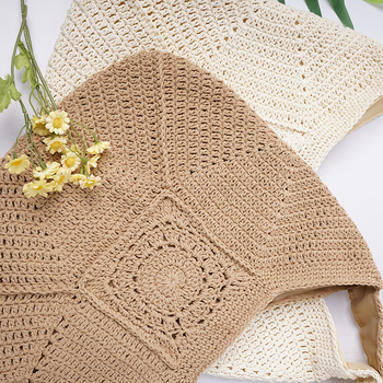 Háčkovaná tote taška - Bavlna, Magnetické zapínanie, Horizontálny štvorec, Vnútorné vrecká na telefón a ID, Polyesterová podšívka