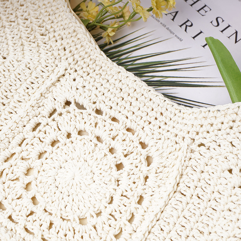 Háčkovaná tote taška - Bavlna, Magnetické zapínanie, Horizontálny štvorec, Vnútorné vrecká na telefón a ID, Polyesterová podšívka