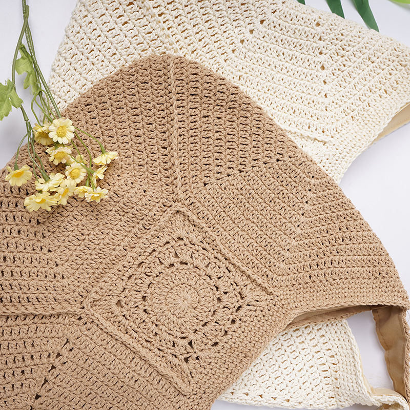 Háčkovaná tote taška - Bavlna, Magnetické zapínanie, Horizontálny štvorec, Vnútorné vrecká na telefón a ID, Polyesterová podšívka