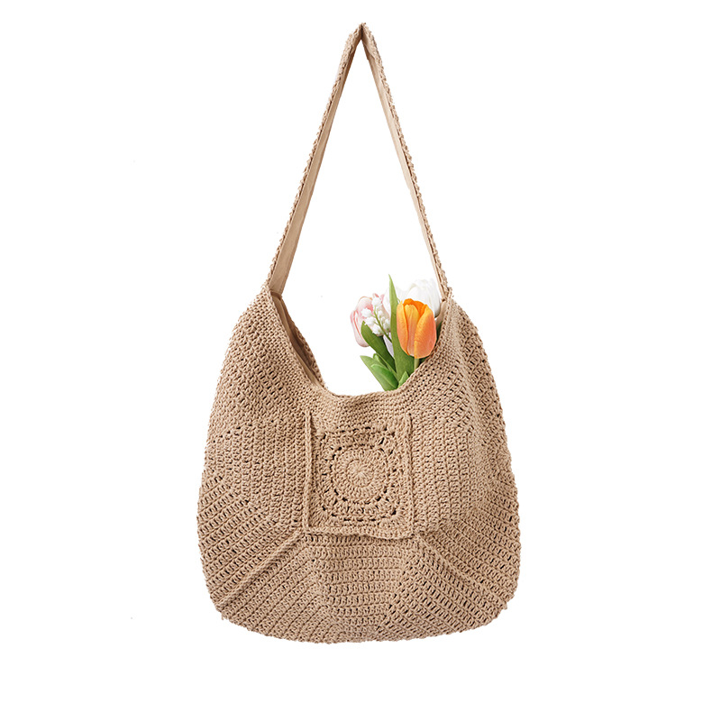 Háčkovaná tote taška - Bavlna, Magnetické zapínanie, Horizontálny štvorec, Vnútorné vrecká na telefón a ID, Polyesterová podšívka