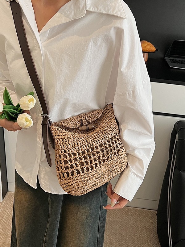 Ručne pletená taška na rameno — slama, vodorovný štvorcový tvar, zips, polyesterová podšívka